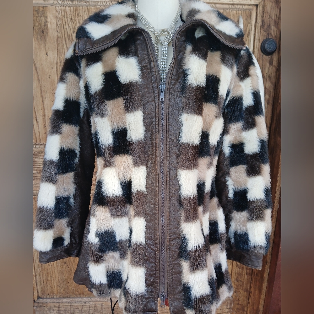 Vintage Faux Fur Checkered Jacket Upcycled Handmade Bohemian Chic 70s